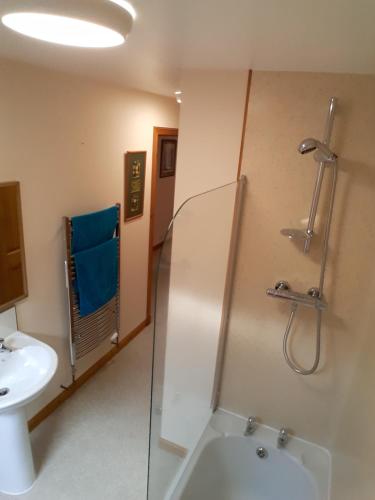 a bathroom with a shower and a sink at The Pally - behind 13 Palace Road, Kirkwall, Orkney - STL OR00122F in Kirkwall
