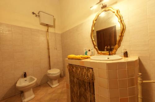 a bathroom with a sink and a toilet and a mirror at Agriturismo il Casalino in Pari