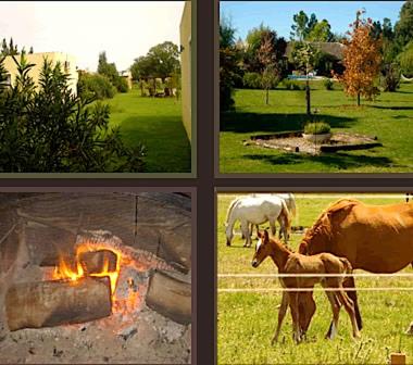 a group of four pictures of horses and a fire at Cabañas Hoja de la Tierra in Chascomús