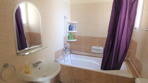 een badkamer met een wastafel en een bad met een paars douchegordijn bij Kimonos Guesthouse in Larnaka