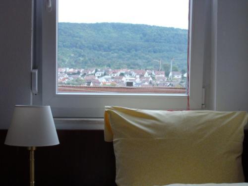 a bedroom with a window and a pillow and a lamp at Gasthaus Traube in Dettingen an der Erms
