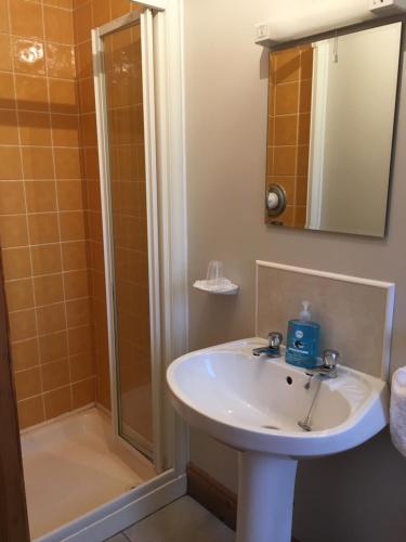 a bathroom with a sink and a shower at Carrick House B&B in Killybegs