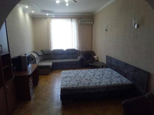 a living room with a couch and a tv at Bon Apart Naberegna in Mykolaiv