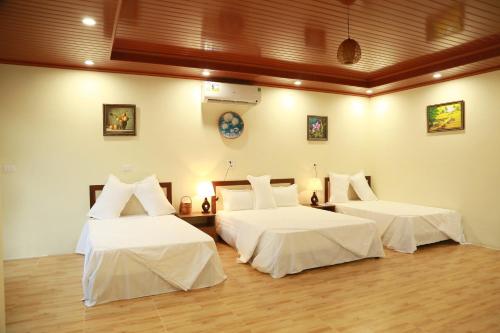 a room with two beds with white sheets at Son River House in Phong Nha