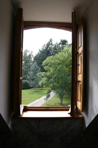 an open window with a view of a tree at Manoir de Pommery in Sixt-sur-Aff