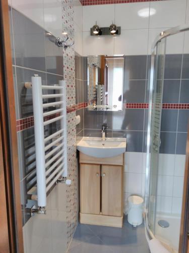 a bathroom with a sink and a shower at Willa Baśka in Zakopane