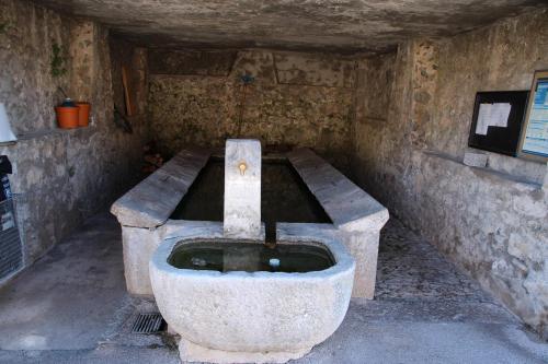a stone tub with a fountain in a room at Ca' Dogana Vegia in Pugerna