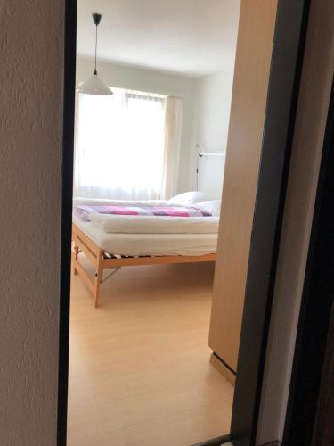 Zimmer mit einem Bett und einem Fenster mit einem Bett der Marke sidx sidx sidx. in der Unterkunft Almis Sunna in Grindelwald