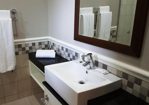 a bathroom with a white sink and a mirror at Premier Resort Mpongo Private Game Reserve in Macleantown