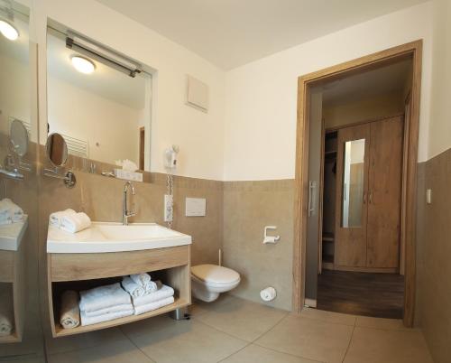 La salle de bains est pourvue d'un lavabo, de toilettes et d'un miroir. dans l'établissement Gasthof Bögl, à Hilpoltstein