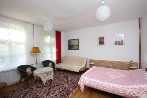 ein Schlafzimmer mit einem Bett, einem Sofa und einem Tisch in der Unterkunft Mazurski dworek przy Jeziorze in Dworackie