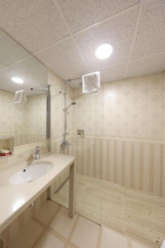 a bathroom with a sink and a shower at Deluxe Golden Horn Sultanahmet Hotel in Istanbul