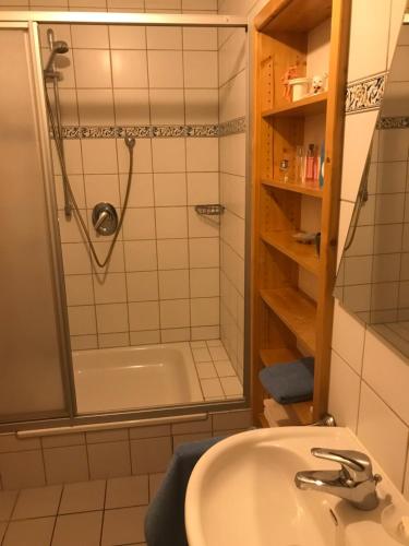 y baño con lavabo y ducha. en Doppelzimmer, en Bensheim