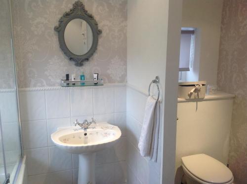 ein Badezimmer mit Waschbecken, Toilette und Spiegel in der Unterkunft Oakleigh house in Stratford-upon-Avon