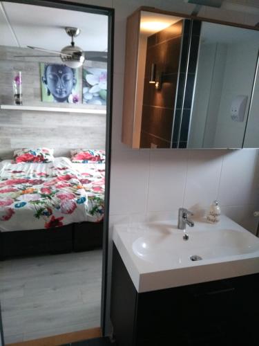 a bathroom with a sink and a bed at Slapen in Dordrecht in Dordrecht