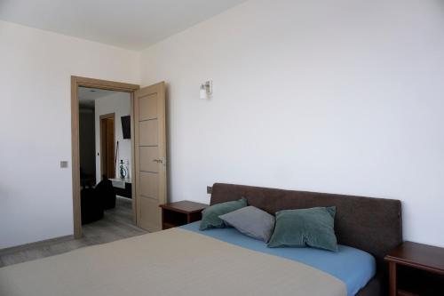 een slaapkamer met een bed met 2 kussens erop bij Ąžuolo apartamentai in Birštonas