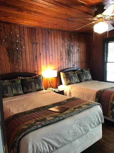 two beds in a room with wooden walls at Riverside Lodge at Chimney Rock in Chimney Rock