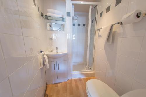 a bathroom with a toilet and a sink and a shower at St Breca in Newquay