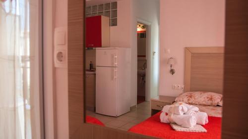 a small kitchen with a refrigerator and a red rug at Four Seasons 2 in Paralia Katerinis