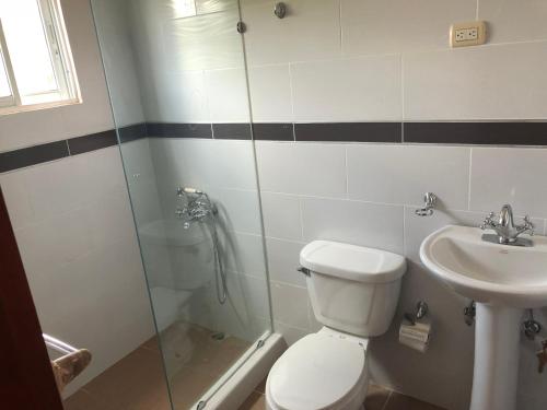 W łazience znajduje się prysznic, toaleta i umywalka. w obiekcie SFMverdana Rental w mieście San Francisco de Macorís