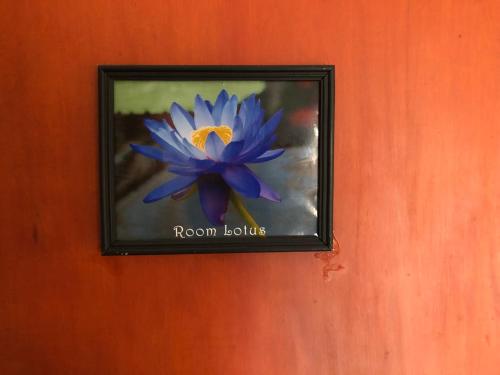 a picture of a blue flower in a frame on a wall at Natures Bliss Holidays in Ja-Ela