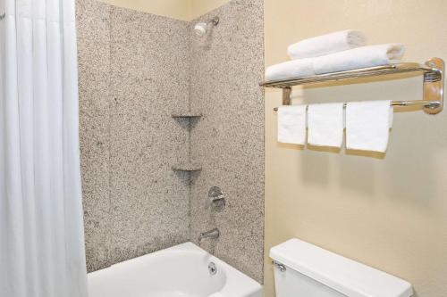 ein Bad mit einer Dusche, einem WC und Handtüchern in der Unterkunft Days Inn by Wyndham Ladson Summerville Charleston in Ladson