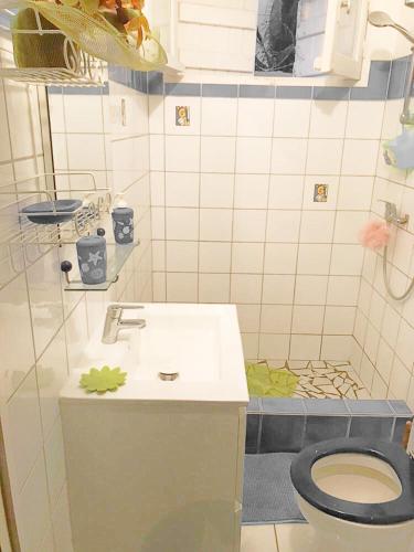a bathroom with a sink and a toilet at Villa Marine in Sainte-Anne