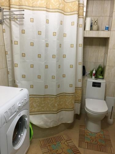 ベロクリハにあるКвартира 3-х комнатнаяのバスルーム(洗濯機、シャワーカーテン付)