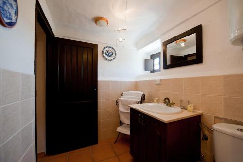 a bathroom with a sink and a toilet and a mirror at Cortijo La Haza in Iznájar