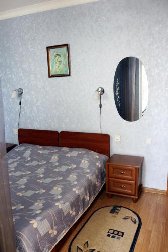 a bedroom with a bed and a mirror on the wall at Сонячна in Truskavets