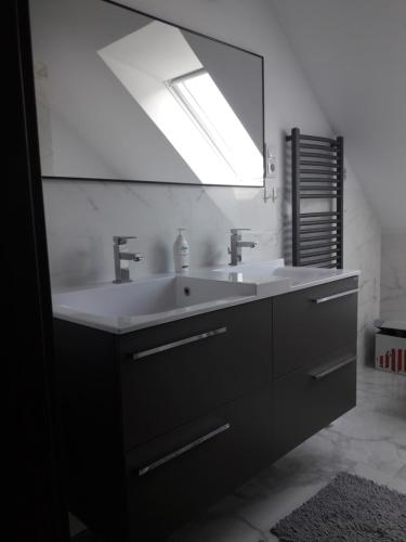 a bathroom with a sink and a large mirror at Willa Piasutno z klimatyzacją in Świętajno