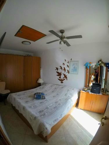 a bedroom with a bed and a ceiling fan at Nives in Starigrad