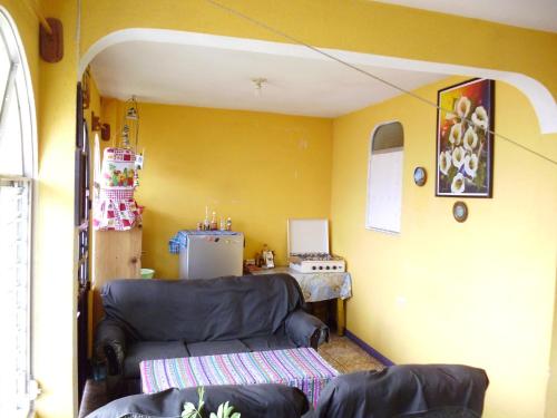 - un salon avec un canapé et un réfrigérateur dans l'établissement Una Noche Con Mical, à San Pedro de la Laguna