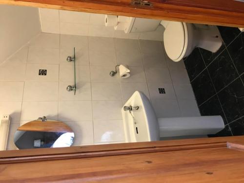 a bathroom with a toilet and a mirror at Greannan Upper Self Catering Apartment in Blackwaterfoot
