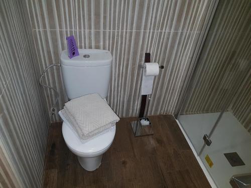 a bathroom with a toilet with a purple book on it at Junior Suites con Jacuzzi in Babilafuente