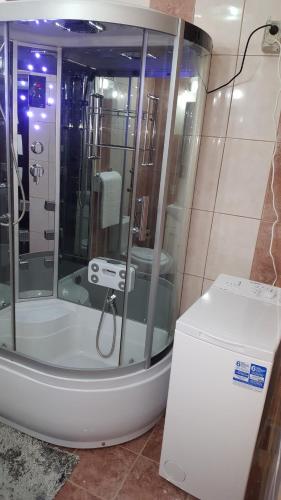ein Bad mit einer Dusche und einem WC in einem Zimmer in der Unterkunft Apartament Matei in Constanţa