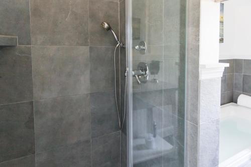 a shower with a glass door in a bathroom at The Platinum Pebble Boutique Inn - Adults Only Property in Harwich Port