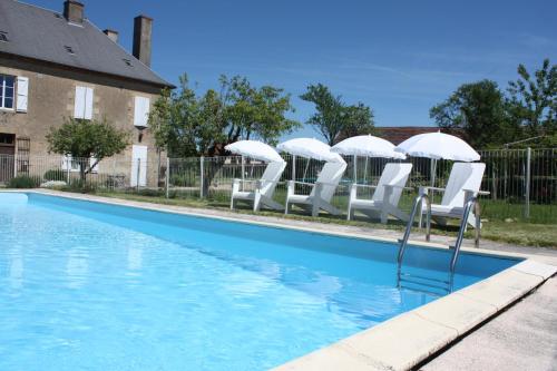 une piscine avec des chaises blanches et des parasols dans l'établissement Gîte Chevannes, à Fours