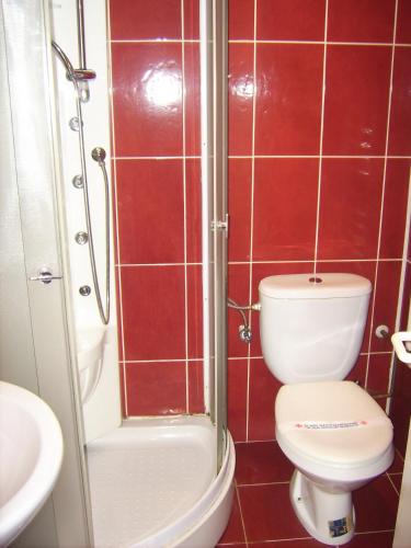 a red tiled bathroom with a toilet and a shower at Hotel "Srbija Tis" in Zaječar