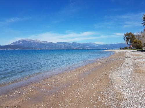 a beach with water and mountains in the background at Christina´s Beachside Apartment in Rio