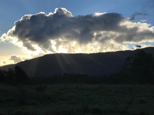 a storm cloud over a mountain with trees in a field at ti Kaz Papang in La Plaine des Cafres