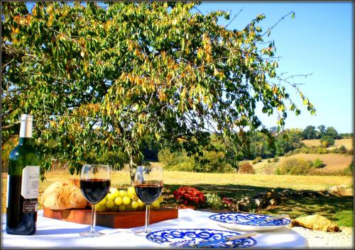 deux verres de vin posés sur une table avec un arbre dans l'établissement PRIVATE POOL with Stunning Views of the Chateau!! Sunset, à Rouffignac-Saint-Cernin-de-Reilhac