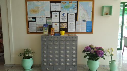 two vases with flowers sitting on top of a dresser at Mandalena Hotel Apartments in Protaras