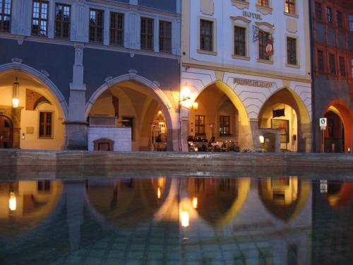 a building with a reflection in a pool of water at Gotikhotel Frenzelhof in Görlitz
