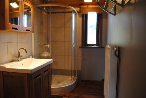 a bathroom with a shower and a sink and a tub at 't Huizeke in Asse