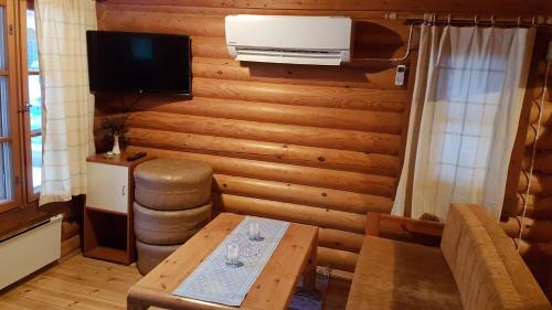 sala de estar con sofá, mesa y TV en Kalajärven Lomakylä, en Peräseinäjoki