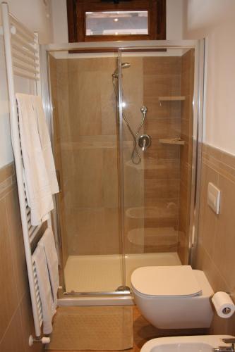 a bathroom with a glass shower with a toilet at Ca Vecia in Gargnano