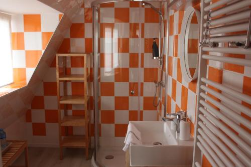 a bathroom with a sink and a shower at Saffels Nest in Lochristi