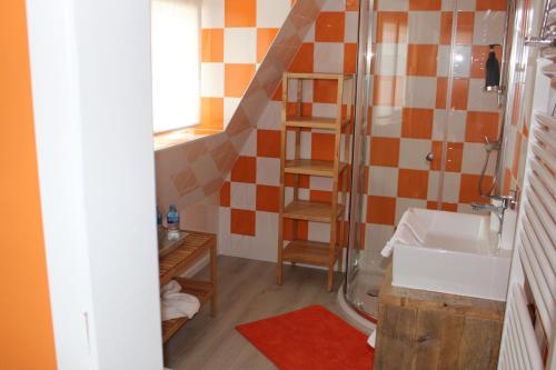 a bathroom with a shower and a sink at Saffels Nest in Lochristi