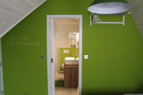 a green bathroom with a sink and a mirror at Saffels Nest in Lochristi